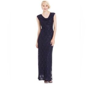 CONNECTED APPAREL - NAVY Sequin Floor-length Gown with side slit. Size: 10